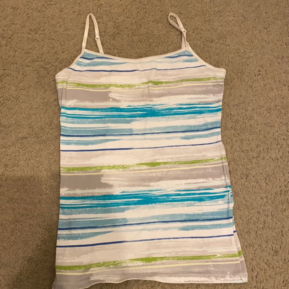 tank top, white, blue, grey, and green, Medium
